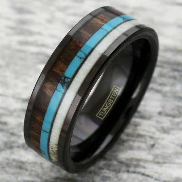 Flat black tungsten ring | deer antler & blue turquoise & Koa wood inlays | Wholesale tungsten rings - wedding rings | Marble photo