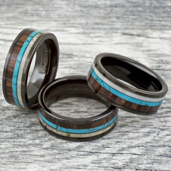 Flat black tungsten ring | deer antler & blue turquoise & Koa wood inlays | Wholesale tungsten rings - wedding rings | Group photo