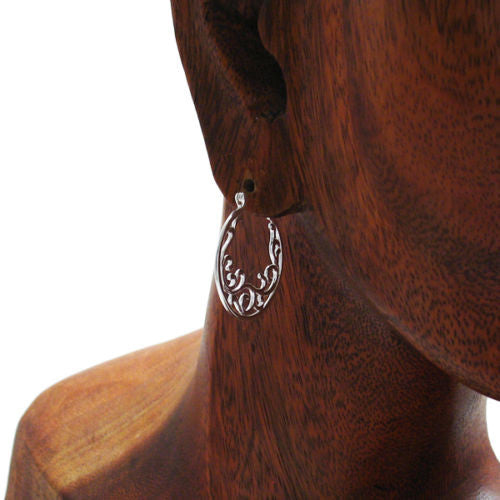 Classic floral filigree embellished hoop earrings | Wholesale 925 Sterling Silver Jewelry | Alternate photo