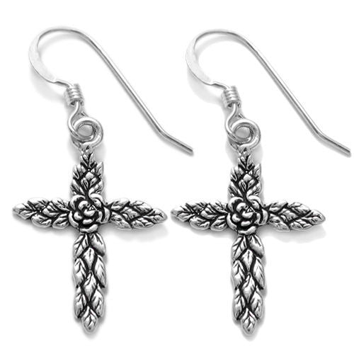 Flower and leaves hanging cross earrings | Wholesale 925 Sterling Silver Jewelry | Item photo