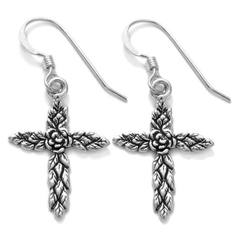 Flower and leaves hanging cross earrings | Wholesale 925 Sterling Silver Jewelry | Item photo