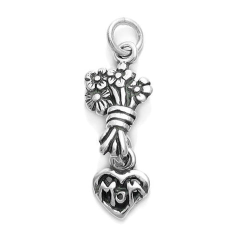 Gorgeous Flower Bouquet and Heart "Mom" Charm. Wholesale Sterling Silver Charms - Jewelry. Main.