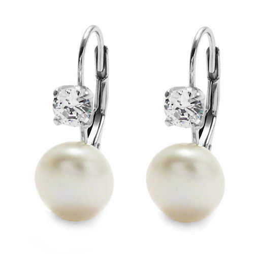 Classic Sterling Silver Freshwater Pearl & CZ Latch Back Earrings.
