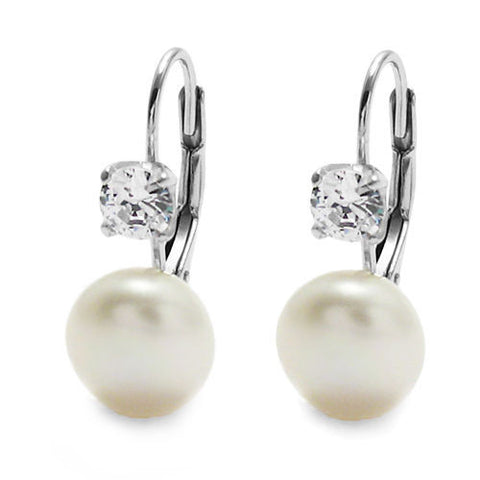 Classic Sterling Silver Freshwater Pearl & CZ Latch Back Earrings.