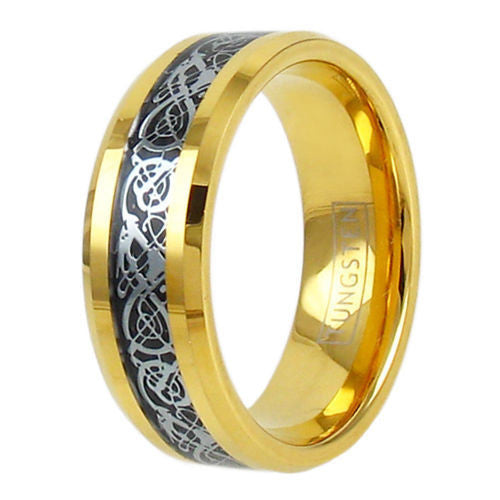 Gold tungsten ring | Silver Celtic dragon | Dark black inlay. Wholesale Tungsten Rings - Wedding Bands | Upright Photo.