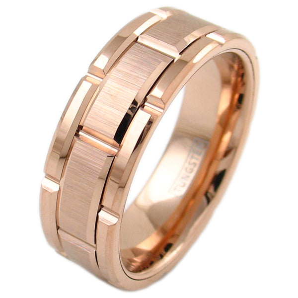 rose gold tungsten carbide ring w/ brushed finished notched center band | Wholesale tungsten rings wedding bands | Upright photo
