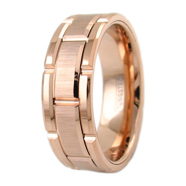 rose gold tungsten carbide ring w/ brushed finished notched center band | Wholesale tungsten rings wedding bands | Angled photo