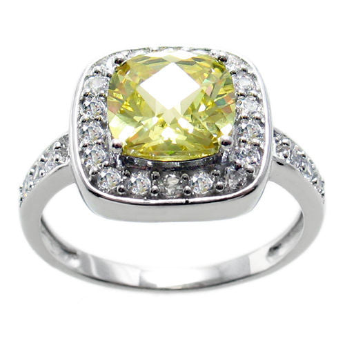 Exquisite Square Cut Peridot Green Colored CZ Cocktail Ring in Sterling Silver.
