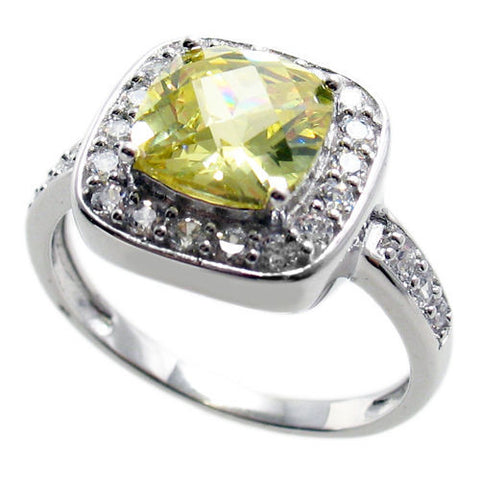 Exquisite Square Cut Peridot Green Colored CZ Cocktail Ring in Sterling Silver.