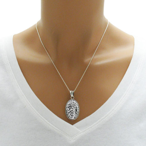 Half-oval hammered finish pendant with beaded border | Wholesale 925 Sterling Silver Jewelry | Alternate photo