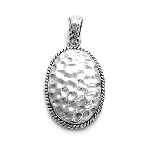 Half-oval hammered finish pendant with beaded border | Wholesale 925 Sterling Silver Jewelry | Item photo