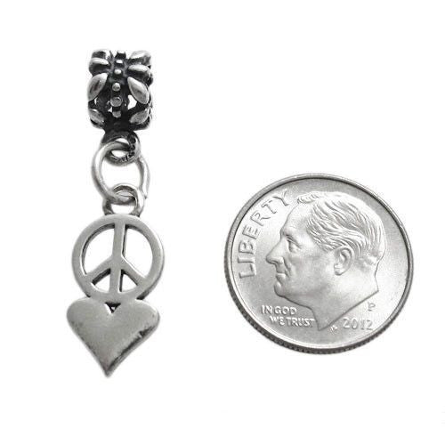 Stylish Heart and Peace Symbol Charm with Euro Bead. Wholesale Sterling Silver Charms - Jewelry. Alternate