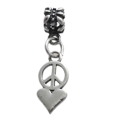 Stylish Heart and Peace Symbol Charm with Euro Bead. Wholesale Sterling Silver Charms - Jewelry. Main