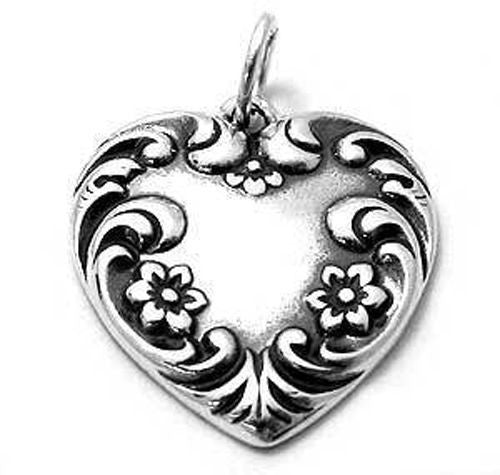 Detailed Heart Charm with Flowers and Scroll Embellishment. Wholesale Sterling Silver Charms - Jewelry