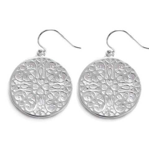 Lovely heart filigree round hanging hook earrings | Wholesale 925 Sterling Silver Jewelry | Item photo