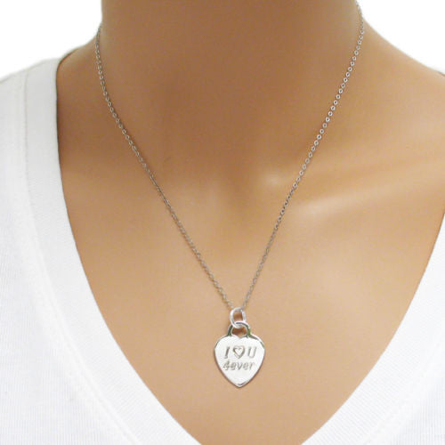 Engravable Heart Pendant with "I ❤ U 4ever" 21mm | Wholesale Sterling Silver Jewelry | Model photo