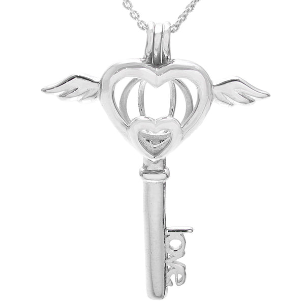Heavenly Sterling Silver Heart w/ Angel Wings "love" Key Pearl Cage | Wholesale 925 Sterling Silver Jewelry | Alternate photo