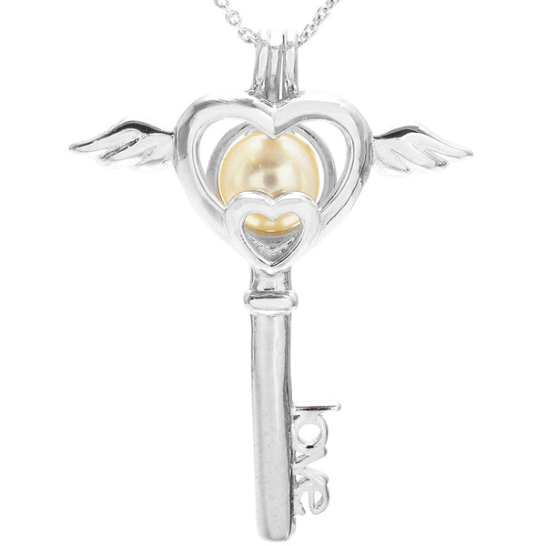 Heavenly Sterling Silver Heart w/ Angel Wings "love" Key Pearl Cage | Wholesale 925 Sterling Silver Jewelry | Main photo