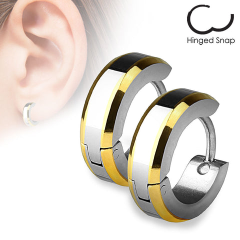 Hinged huggie earrings with beveled 14K gold plated edges | Wholesale 316L Stainless Steel Jewelry | Main photo