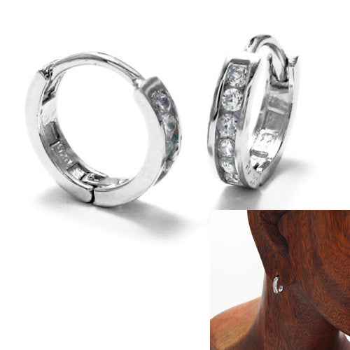 Hinged hoop huggie earrings with channel set CZs. 12mm | Wholesale 925 Sterling Silver Jewelry | Combo photo