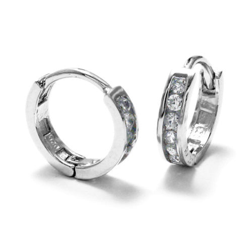 Hinged hoop huggie earrings with channel set CZs. 12mm | Wholesale 925 Sterling Silver Jewelry | Item photo
