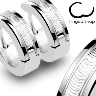 Hinged hoop huggie earring with laser cut stripes | Wholesale 316L Stainless Steel Jewelry