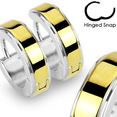 Mirror polished hinged hoop huggie earrings with 14K gold plated band | Wholesale 316L Stainless Steel Jewelry