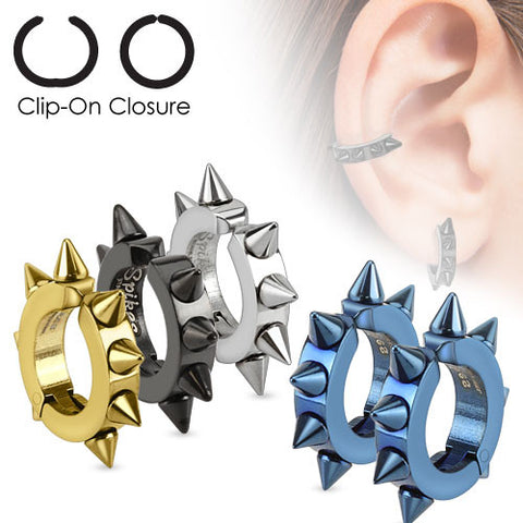 Hinged SPIKED hoop huggie style clip-on earrings/cuff | Wholesale 316L Stainless Steel Jewelry