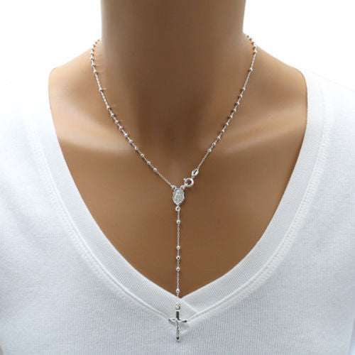 Amazing Ladies' 17" Crucifix Rosary Bead Necklace | Wholesale 925 Sterling Silver Pendant - Jewelry | Alternate