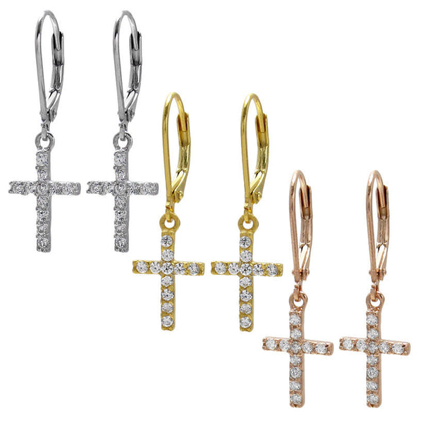 Latch back cross earring with pave CZ embellishment | Wholesale 925 Sterling Silver Jewelry | 3 Color Photo