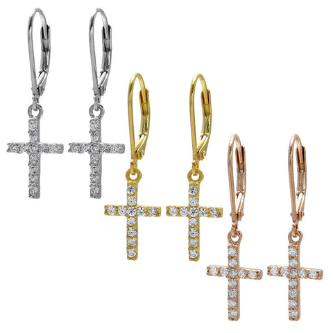 Latch back cross earring with pave CZ embellishment | Wholesale 925 Sterling Silver Jewelry | 3 Color Photo