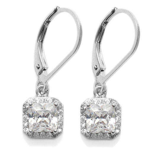 Princess cut CZ latch back earrings w/ 20 CZ accents | Wholesale Sterling Silver Jewelry | Item photo