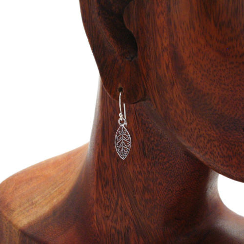 Leaf shaped hanging earring with filigree leaf veins | Wholesale 925 Sterling Silver Jewelry | Alternate photo