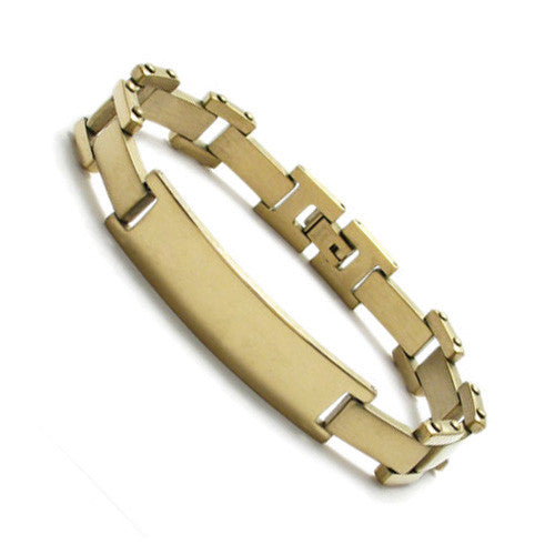 Linked single bar bracelet with engravable plate | Wholesale 316L Stainless Steel Jewelry | Gold  photo