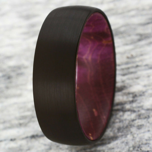 Black brushed finish tungsten ring | maroon red box elder wood Inner band | Wholesale tungsten rings | Marble photo