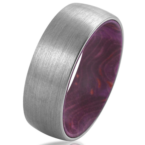 Silver brushed finish tungsten ring | maroon red box elder wood Inner band | Wholesale tungsten rings | White photo