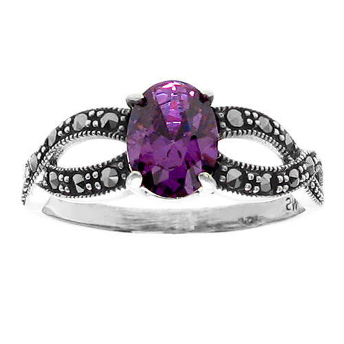 Marcasite Infinity Ring w/ Purple Oval CZ Center Stone | Wholesale Sterling Silver Rings - Jewelry | Alternate photo