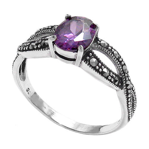 Marcasite Infinity Ring w/ Purple Oval CZ Center Stone | Wholesale Sterling Silver Rings - Jewelry | Main photo