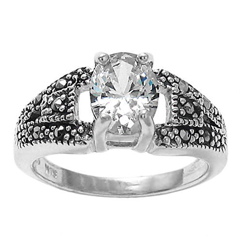 Classic marcasite ring with CZ center stone | Wholesale sterling silver rings | Jewelry | Alternate photo