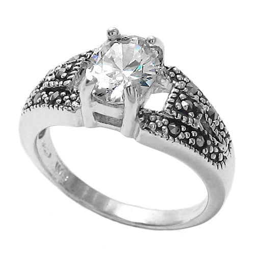 Classic marcasite ring with CZ center stone | Wholesale sterling silver rings | Jewelry | Main photo