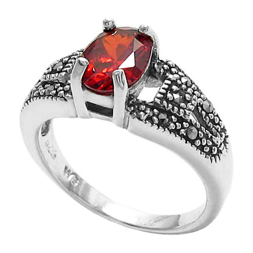 Classic marcasite ring with red oval CZ Stone | Wholesale sterling silver rings | Jewelry | Main photo