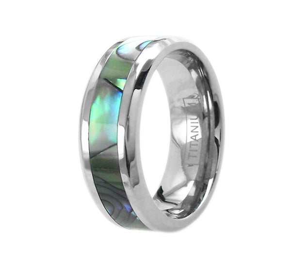 Dazzling mirror polished titanium ring with beautiful abalone inlay | Wholesale Jewelry | Main photo