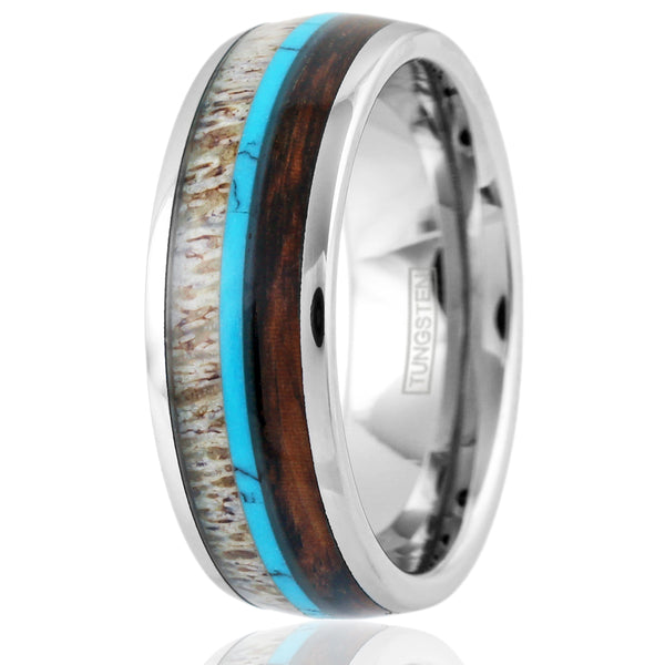 Silver tungsten dome ring w/ deer antler, turquoise, & Koa wood inlays | Wholesale tungsten rings - wedding rings | Upright photo