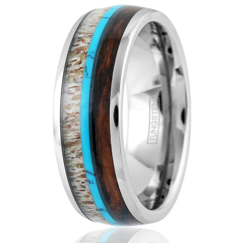 Silver tungsten dome ring w/ deer antler, turquoise, & Koa wood inlays | Wholesale tungsten rings - wedding rings | Upright photo
