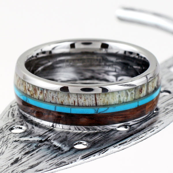 Silver tungsten dome ring w/ deer antler, turquoise, & Koa wood inlays | Wholesale tungsten rings - wedding rings | Flat photo