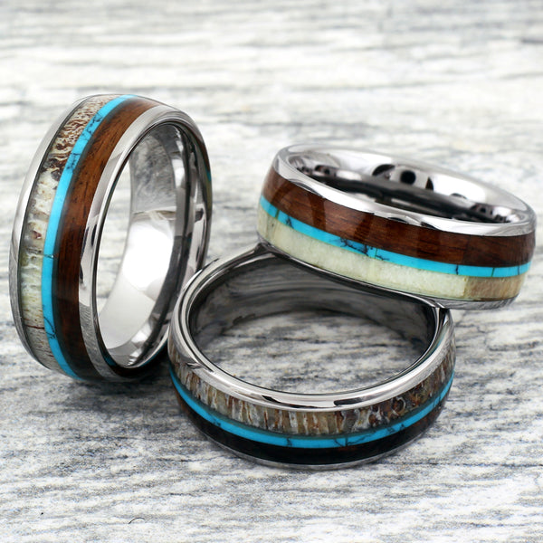 Silver tungsten dome ring w/ deer antler, turquoise, & Koa wood inlays | Wholesale tungsten rings - wedding rings | Group photo