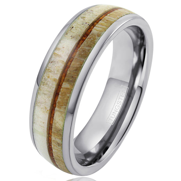 Silver tungsten dome ring w/ thin Koa wood & deer antler inlays | Wholesale tungsten rings - wedding rings | 6mm Diagonal photo