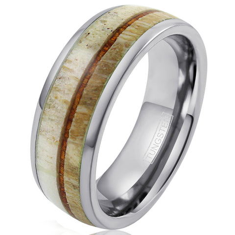 Silver tungsten dome ring w/ thin Koa wood & deer antler inlays | Wholesale tungsten rings - wedding rings | Diagonal photo