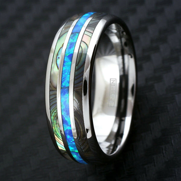 Brilliant Mirror Polished Silver Tungsten Low Dome Ring w/ Dazzling Man-Made Hawaii Opal Between 2 Abalone Inlays.