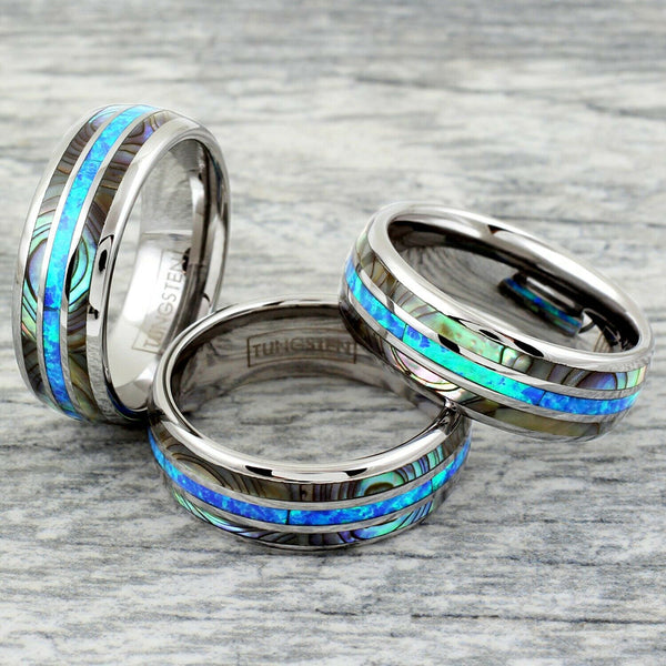 Brilliant Mirror Polished Silver Tungsten Low Dome Ring w/ Dazzling Man-Made Hawaii Opal Between 2 Abalone Inlays.